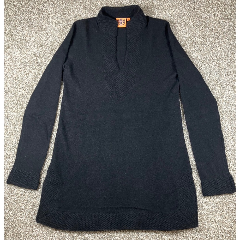 Tory Burch Black 100% Cashmere Split Neck Tunic Sweater Waffle Knit Trim S